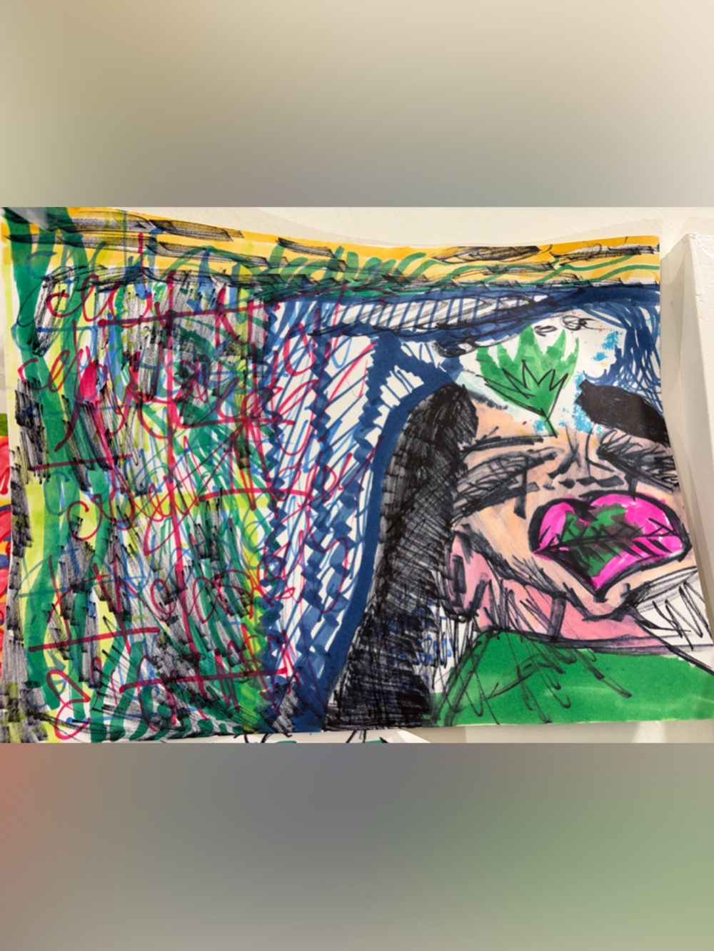 Adam Moyer Drawing - Abstract Mixed-Media Art Print with Vibrant Greens and Pink